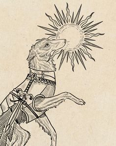 a drawing of a dog riding on the back of a bike with sun above it