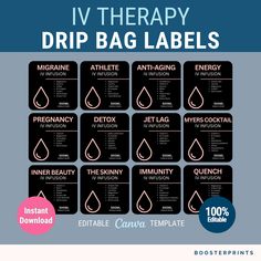 "Make your own IV Drip bag labels for your IV infusions. This IV therapy template can be editable to easily include your clients' infusion ingredients while remaining consistent with your brand. These IV bag labels were created for 500ml IV infusion bags to help you establish a professional brand for your IV clinic.  A customisable Canva template that is pre-loaded with 12 popular blends to help you get started.  This bundle is ideal for you if you are an IV business looking for high-quality bra Iv Hydration Therapy Business Names, Iv Therapy Business, Iv Clinic, Iv Bar, Iv Therapy Iv Infusion, Iv Hydration Therapy Business, Iv Drip Aesthetic, Iv Therapy Room Design