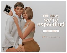 a man and woman standing next to each other with the caption on baby, we're expecting