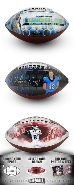 three footballs with the names of each team and numbers on them, all in different colors