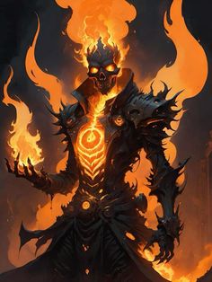 a demonic demon standing in front of flames