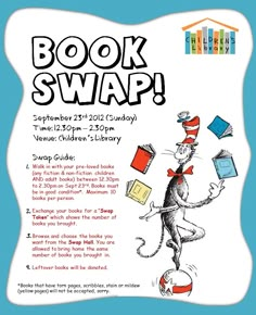 a poster for the book swap with a cat in the hat on it's back