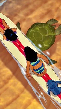 an animated image of two people on a surfboard in the water with a turtle nearby