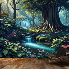 a room with a wall mural that has a waterfall in the middle and lots of trees around it