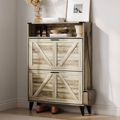 a wooden cabinet with two doors on the front and one door open to reveal an image