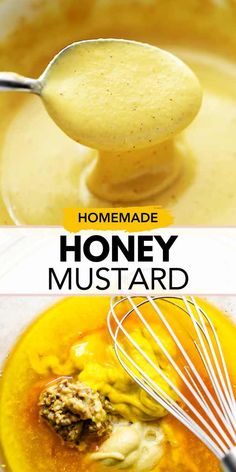 homemade honey mustard recipe in a bowl with a whisk