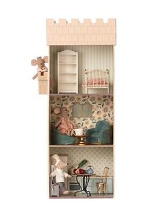 a doll house with furniture and accessories on the shelves, including a teddy bear sitting in a chair