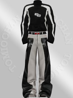 a black and white snowboard suit with red buttons on the chest, pants and boots