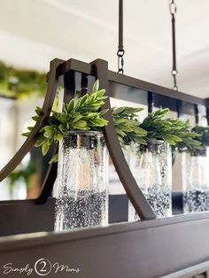 three glass jars with plants in them hanging from a chandelier