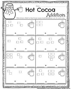 a hot cocoa addition worksheet with coffee cups and mugs on it, in black and white