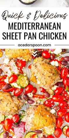 the ingredients for mediterranean sheet pan chicken in a skillet