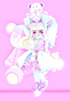 a digital painting of a girl with teddy bears on her head and dress in front of a pink background