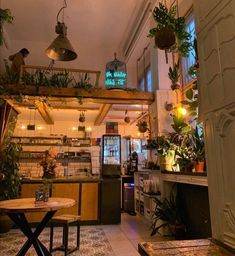 the inside of a restaurant with plants hanging from the ceiling and potted plants on the shelves