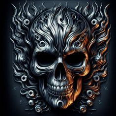 a skull with flames and curls on it's face