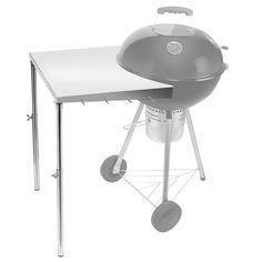 an outdoor bbq table with a grill on it's top and wheels attached to the side