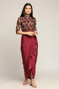 Shop for Soup by Sougat Paul Maroon Georgette Draped Skirt With Printed Jacket for Women Online at Aza Fashions Skirt With Jacket, Saree Blouse Styles, Trendy Outfits Indian, Cowl Dress, Indian Dresses Traditional, Fashion Design Dress, Draped Skirt, Stylish Party Dresses, Party Wear Indian Dresses