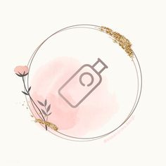 the camera is surrounded by pink flowers and gold glitters on a white background with a round frame