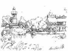 an ink drawing of a lighthouse on the water