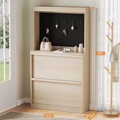 an image of a wooden cabinet with jewelry on the top and earring hooks attached to it