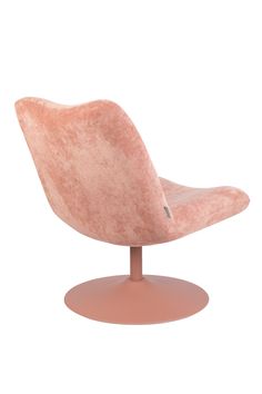 a pink chair sitting on top of a wooden base