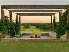 an outdoor fire pit surrounded by greenery and lights in the evening sun, with cows grazing in the distance