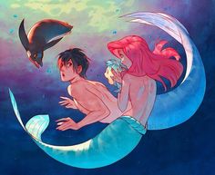 two mermaids are swimming in the ocean with an animal on top of their back