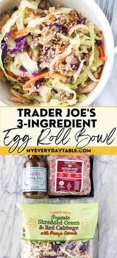 trader joe's 3 - ingredient egg roll bowl recipe with shredded cabbage and ground beef