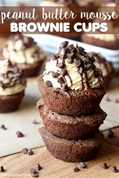 chocolate peanut butter mousse brownie cups are stacked on top of each other