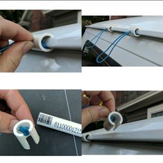 two pictures showing how to fix the window sealer on a car's side