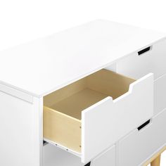 a white dresser with two open drawers on the bottom and one closed drawer at the top