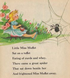 an old children's book page with a spider and a little miss muffe