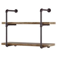 two wooden shelves with metal pipes on them