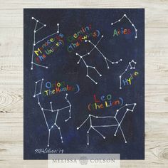 a chalk board with the names of zodiacs and stars on it in different colors