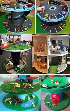 there are many different pictures of toys in the room and on the table with cars