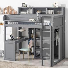 a loft bed with desk underneath it in a room that has hardwood floors and white walls