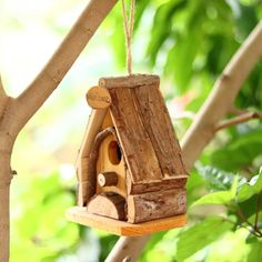 a bird house hanging from a tree branch