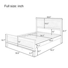 the full size bed frame is shown with measurements for each side and headboard area