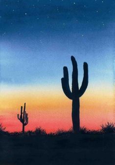 a painting of a cactus at night with the sun setting in the sky behind it