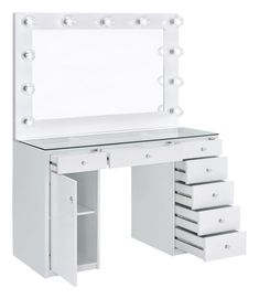 a white vanity with drawers and lights on it