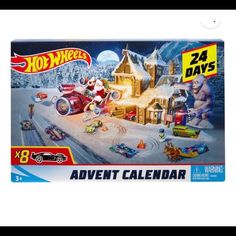 a toy calendar with cars and santa clause on it's roof in front of a snowy scene