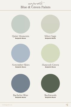 different shades of blue and green paint on a white background, with the names below them