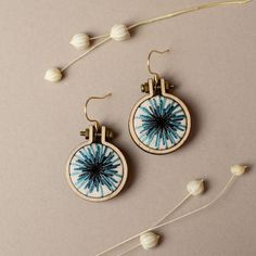 a pair of dandelion earrings sitting on top of a table