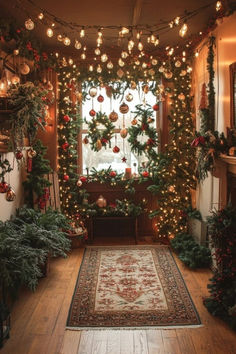 a living room with christmas decorations and lights