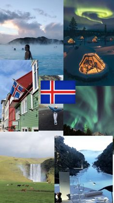 many different pictures are shown in this collage with the flag of iceland on them