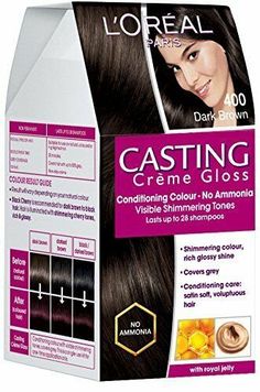 L'Oreal Paris Casting Creme Gloss, Dark Brown 400, 87.5G+72Ml With Ayur Product  A non-ammonia hair colour that gives natural looking colour with visible shimmering tones and a glossy shine Gives your hair a total beauty treatment as the No ammonia formula covers grey Gives you the richness of natural color that lasts up to 28 shampoos Easy, clean and pleasurable application with the non-drip crème formula in just 20 minutes, even for beginners The delicate fragrance makes colouring a luxurious Natural Black Hair Dye, Brown Hair Color Chart, Casting Creme Gloss, Natural Black Hair Color, Loreal Hair Color, Dark Chocolate Brown Hair, Hair Color Images, Loreal Hair, Revlon Color