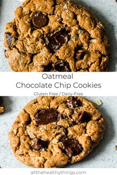 two pictures of oatmeal chocolate chip cookies with text overlay that reads, oatmeal chocolate chip cookies