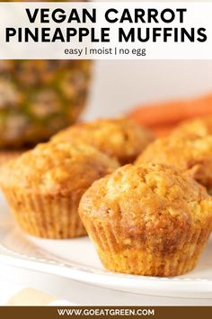 vegan carrot pineapple muffins on a white plate with text overlay