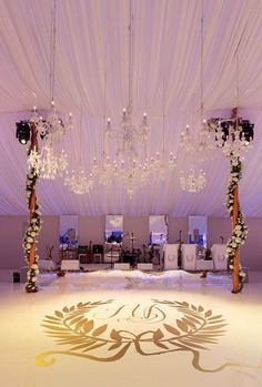 the dance floor is decorated with chandeliers and flowers