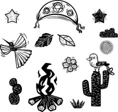 black and white drawings of cactuses, hats, and other items