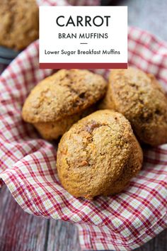 carrot bran muffins on a red and white checkered cloth with text overlay